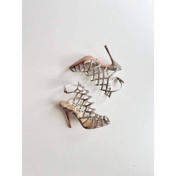 SCHUTZ Julianna Grey Python Snake Leather Strappy High Heel Cage Sandals, Size 5 - Picture 1 of 16